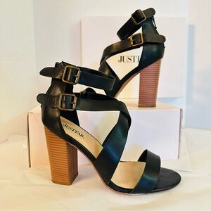 JustFab Strappy Block Heel Sandals Black Size 8.5 Amelia